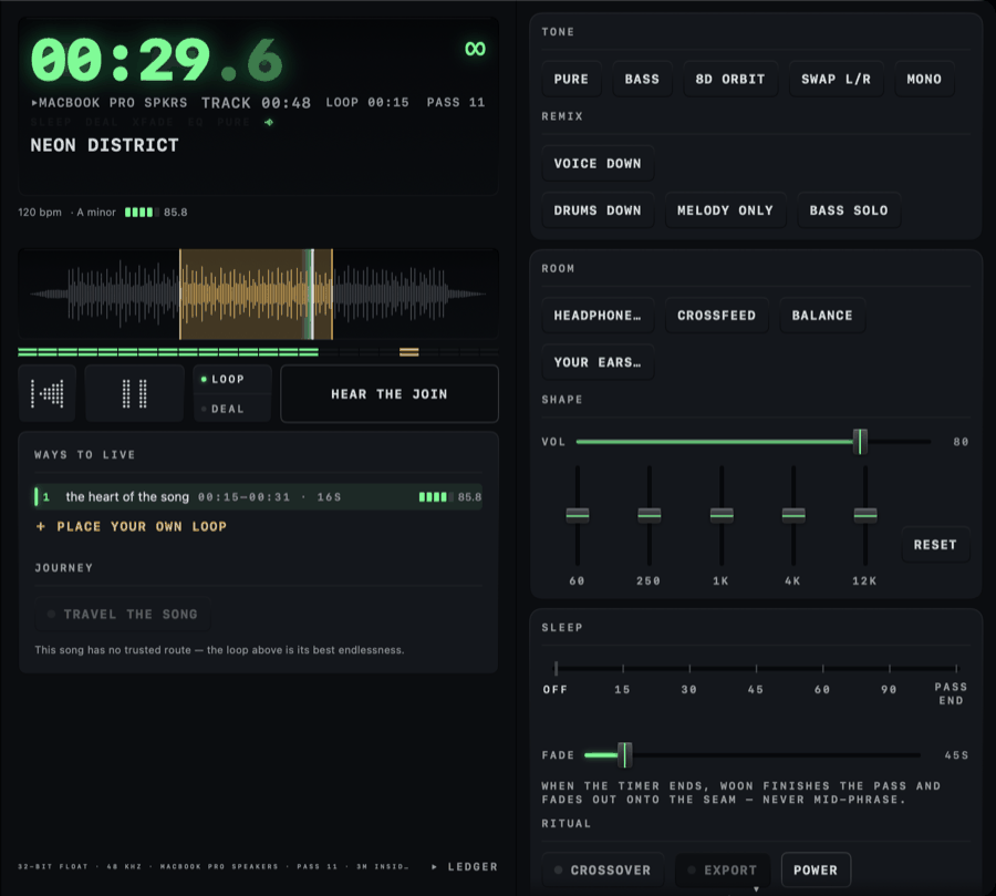 Woon on the Mac: the center deck playing Neon District with the loop span lit, and the right-hand rack — tone and remix caps, headphone and crossfeed, a five-band equaliser, and the sleep rail.