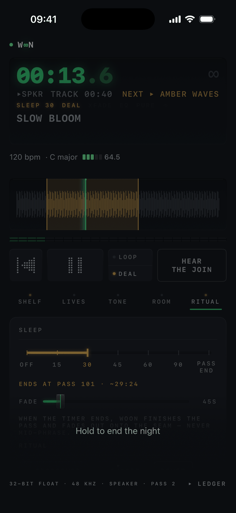 Woon at night: the whole deck dimmed, SLEEP 30 lit amber, the sleep rail set to 30, 'ends at pass 101, about 29 minutes', and the line 'Hold to end the night'.